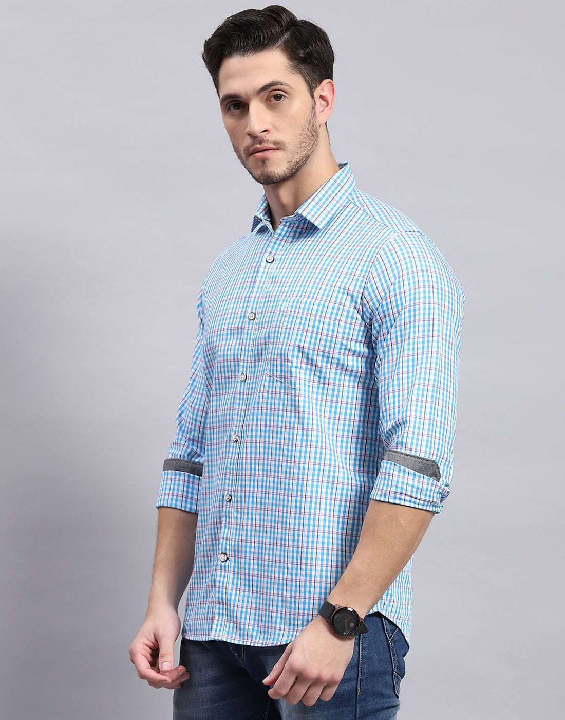 Men Blue Check Collar Full Sleeve Shirt