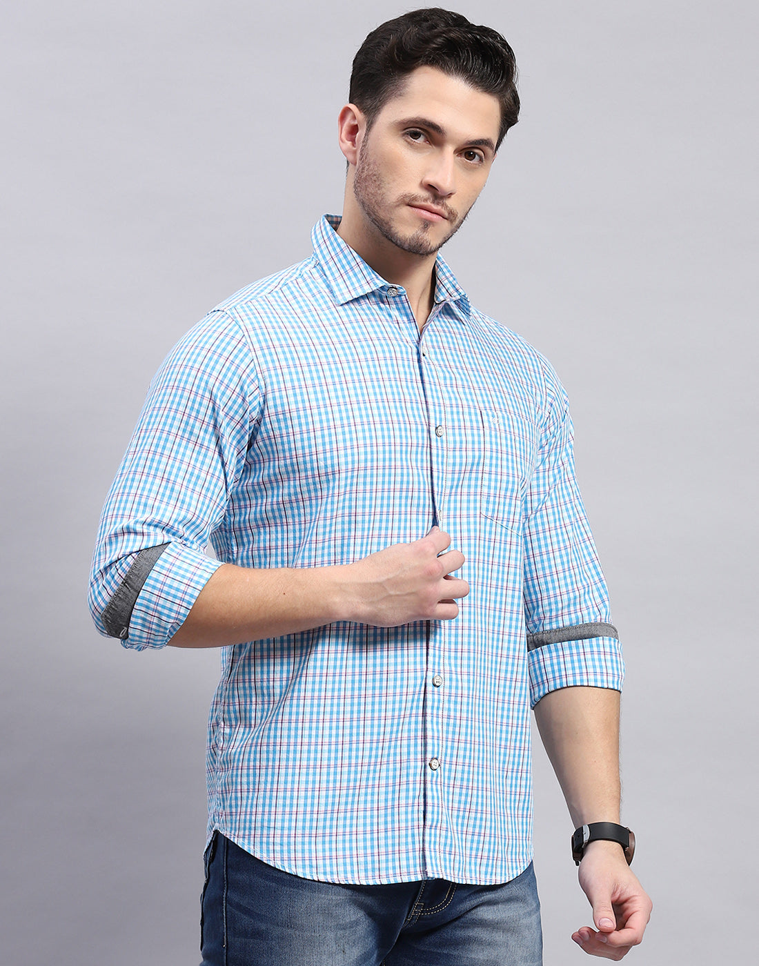 Men Blue Check Collar Full Sleeve Shirt