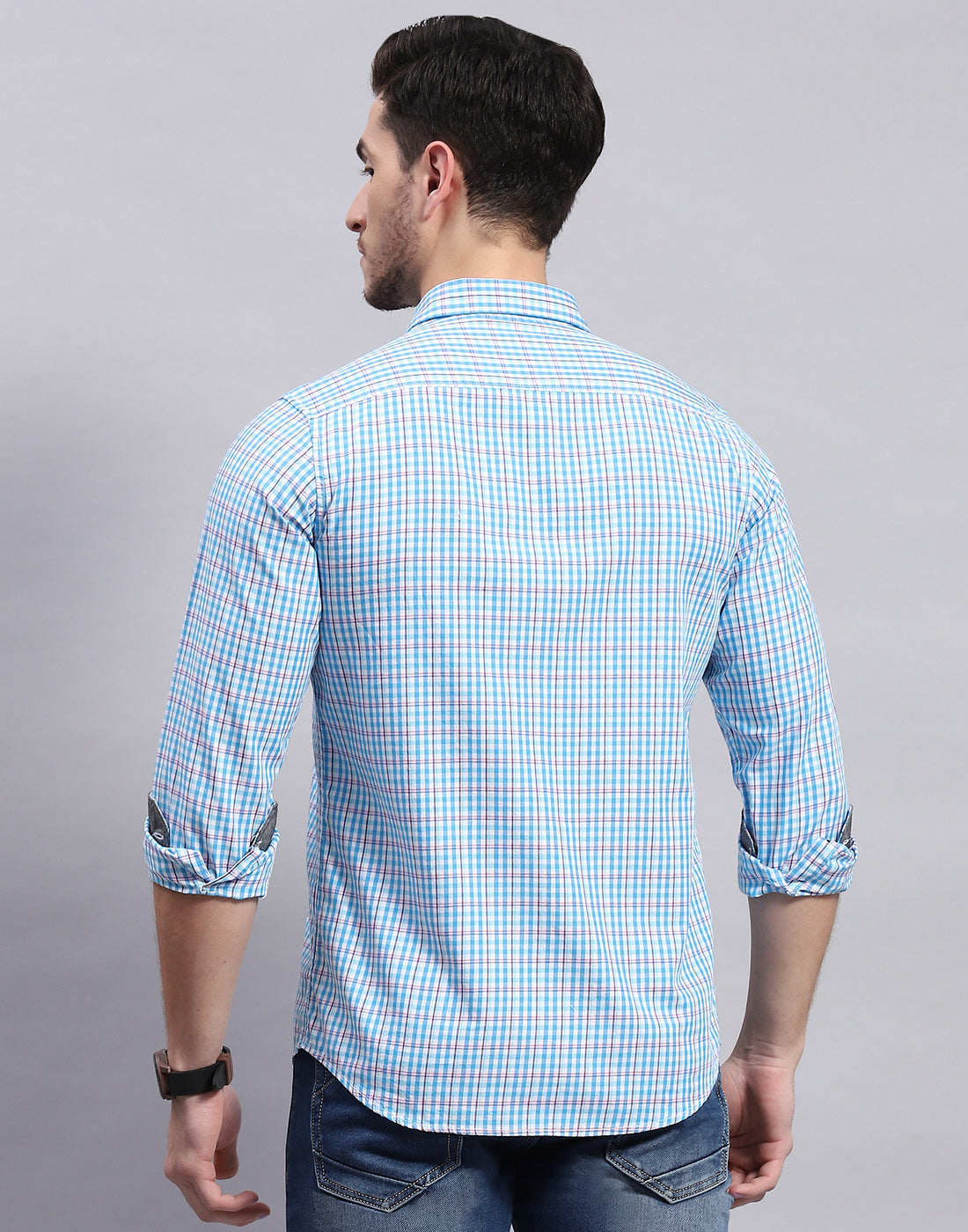 Men Blue Check Collar Full Sleeve Shirt