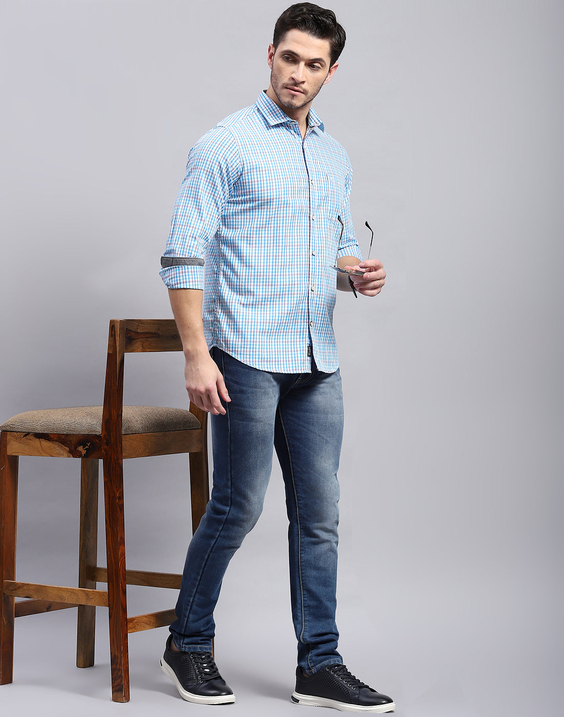 Men Blue Check Collar Full Sleeve Shirt