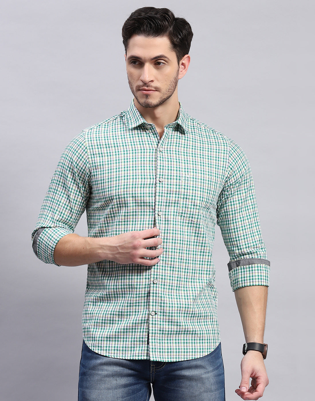 Men Green Check Collar Full Sleeve Shirt