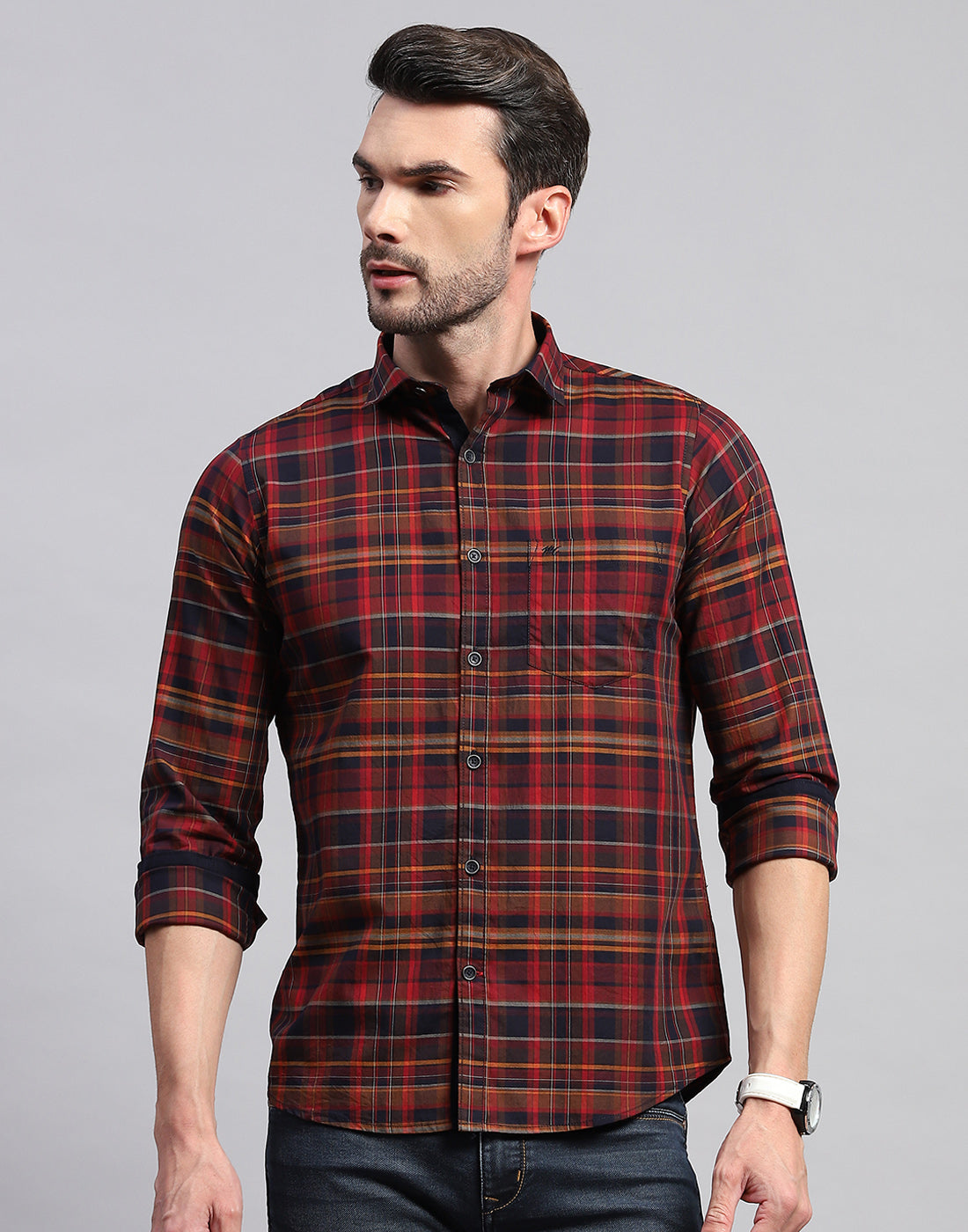 Men Maroon Check Collar Neck Full Sleeve Shirt