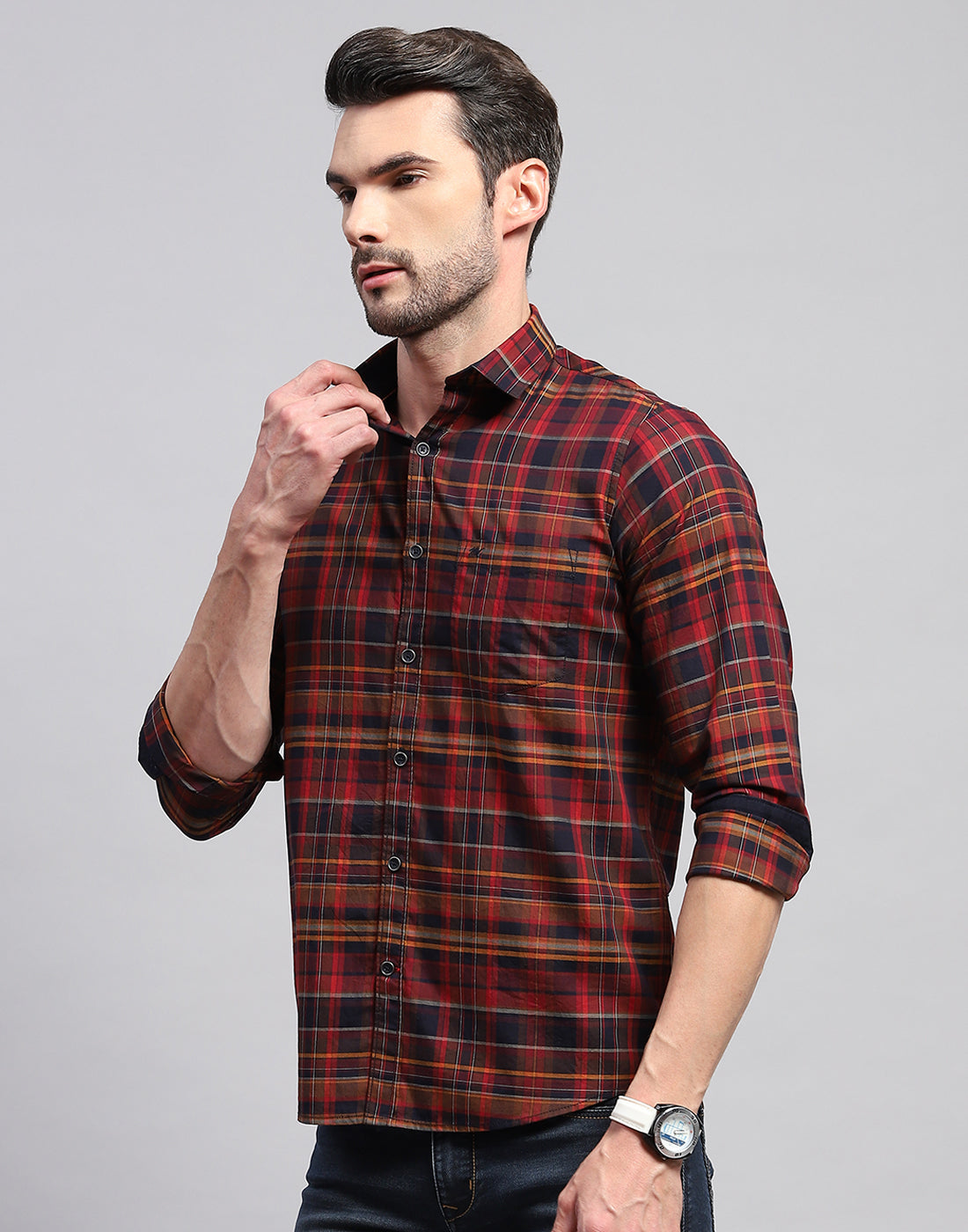 Men Maroon Check Collar Neck Full Sleeve Shirt