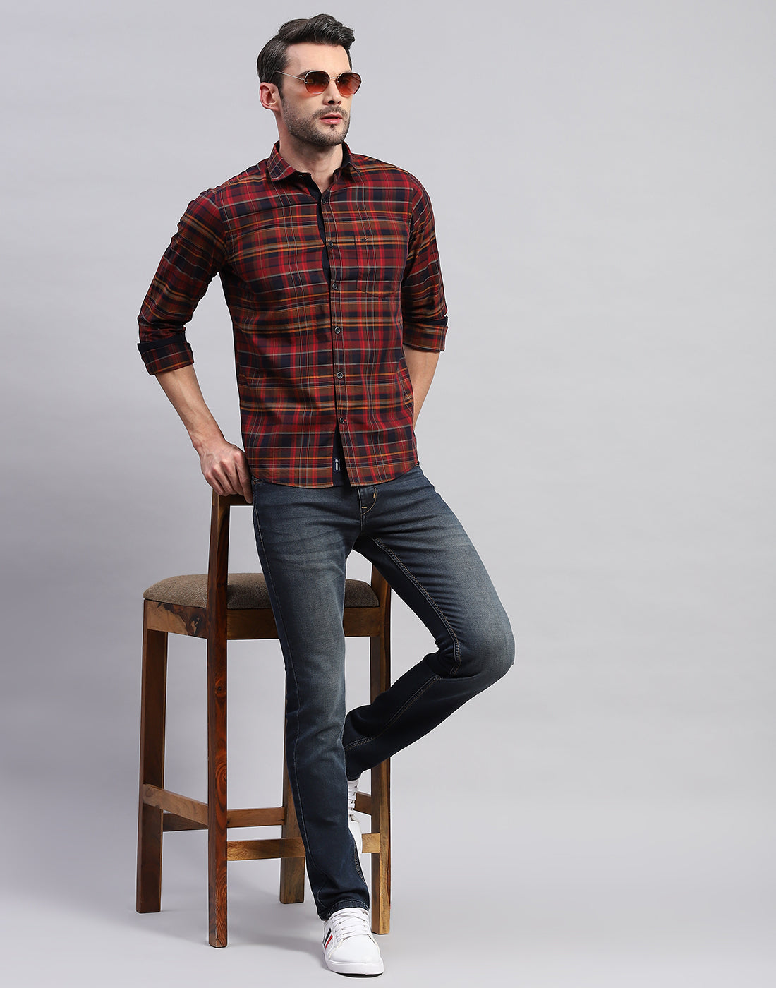 Men Maroon Check Collar Neck Full Sleeve Shirt