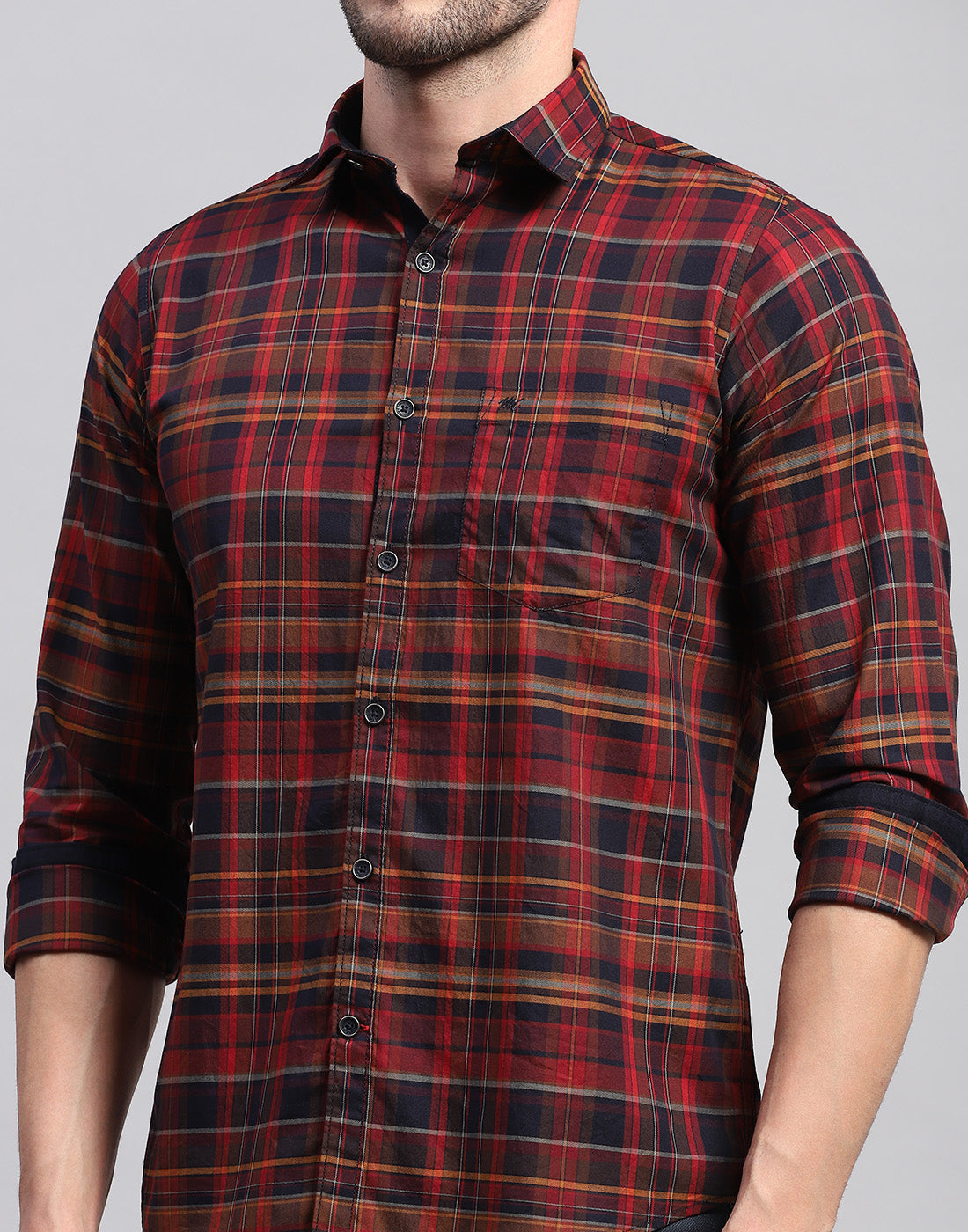 Men Maroon Check Collar Neck Full Sleeve Shirt