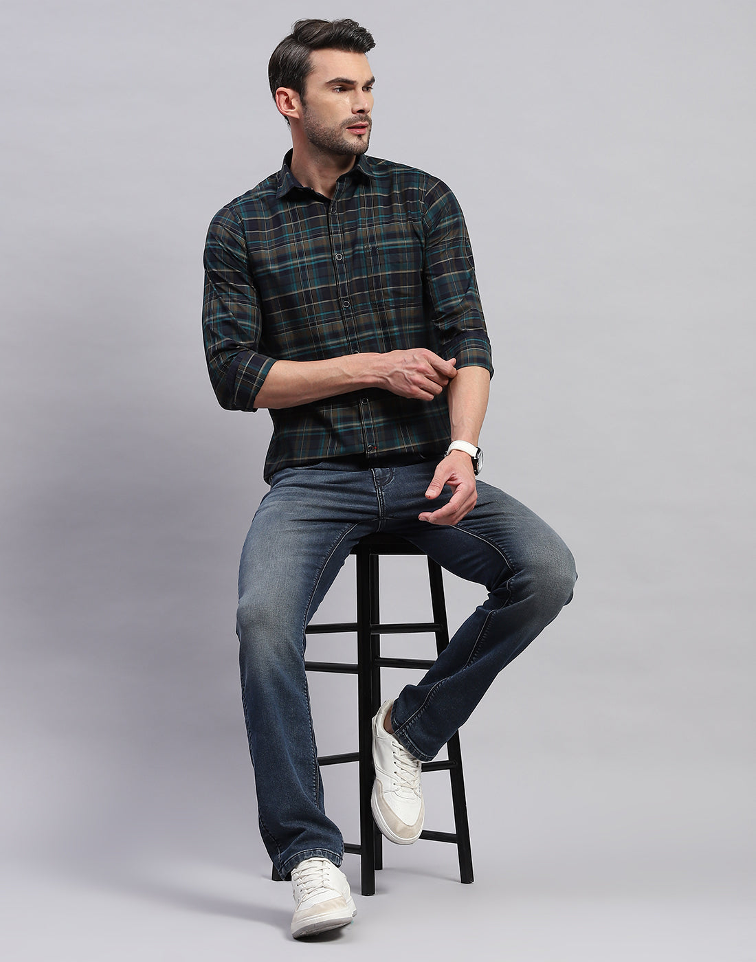 Men Green Check Collar Neck Full Sleeve Shirt