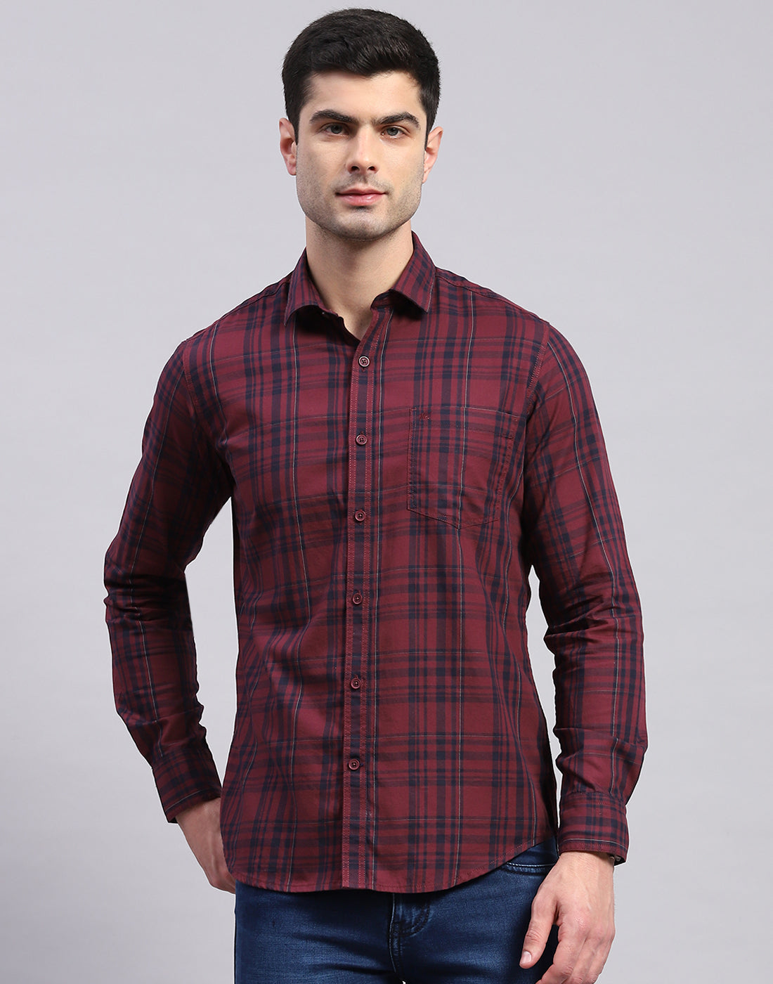 Men Maroon Check Collar Full Sleeve Shirt