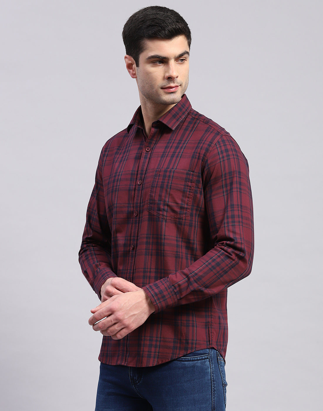 Men Maroon Check Collar Full Sleeve Shirt