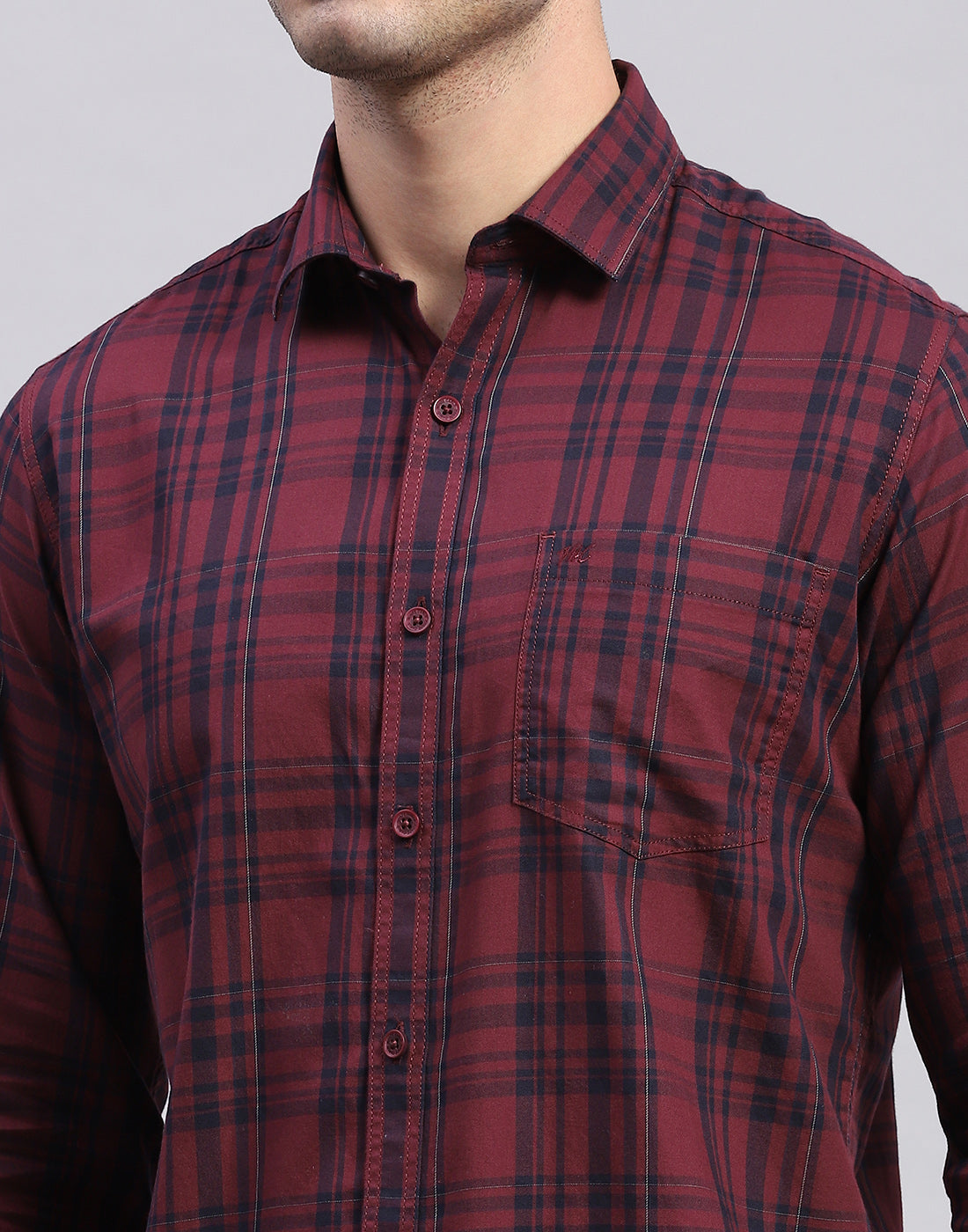 Men Maroon Check Collar Full Sleeve Shirt
