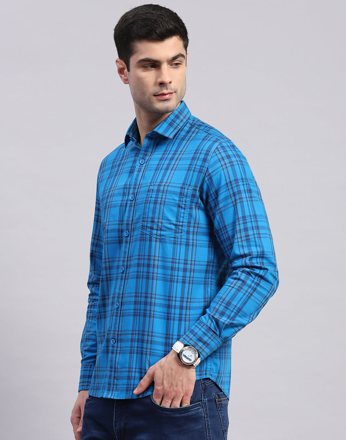 Men Blue Check Collar Full Sleeve Shirt