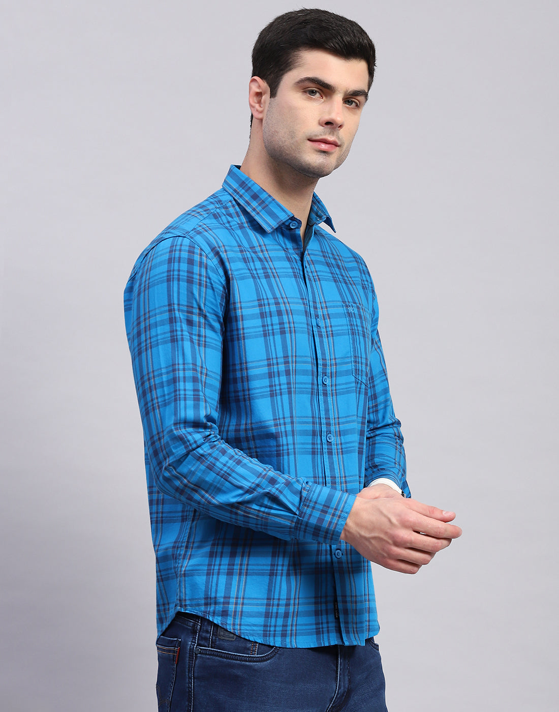 Men Blue Check Collar Full Sleeve Shirt