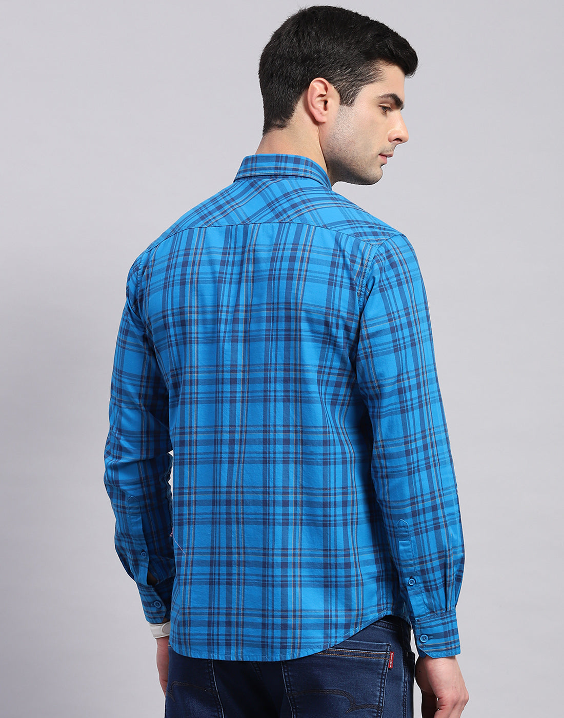 Men Blue Check Collar Full Sleeve Shirt