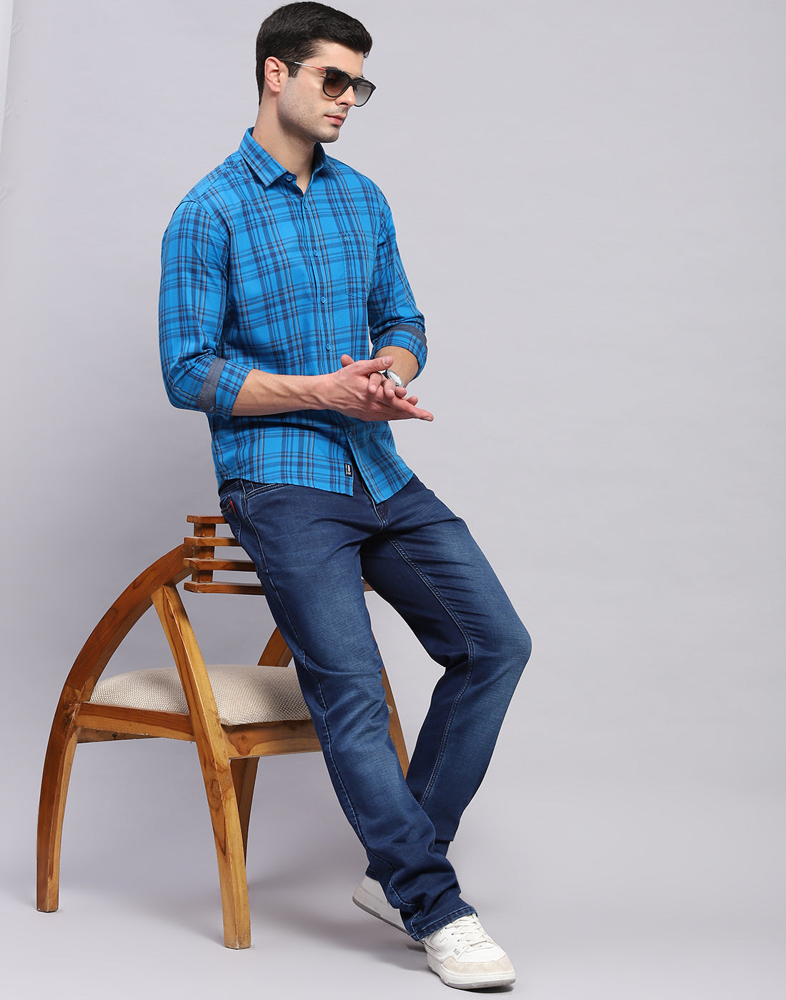 Men Blue Check Collar Full Sleeve Shirt