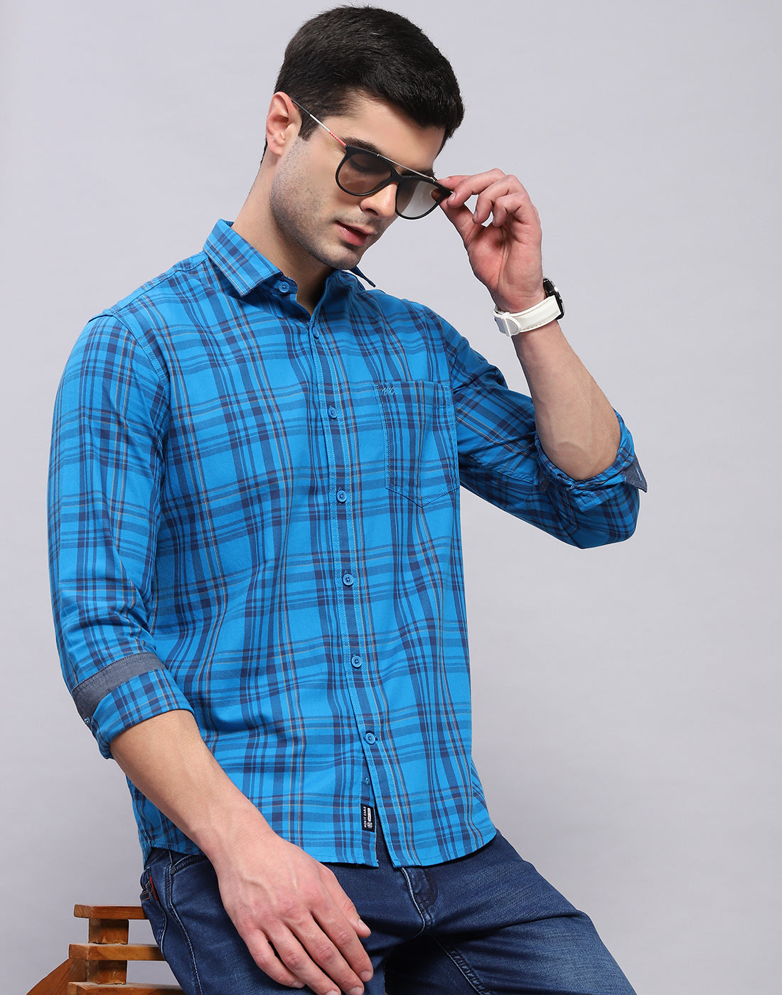 Men Blue Check Collar Full Sleeve Shirt
