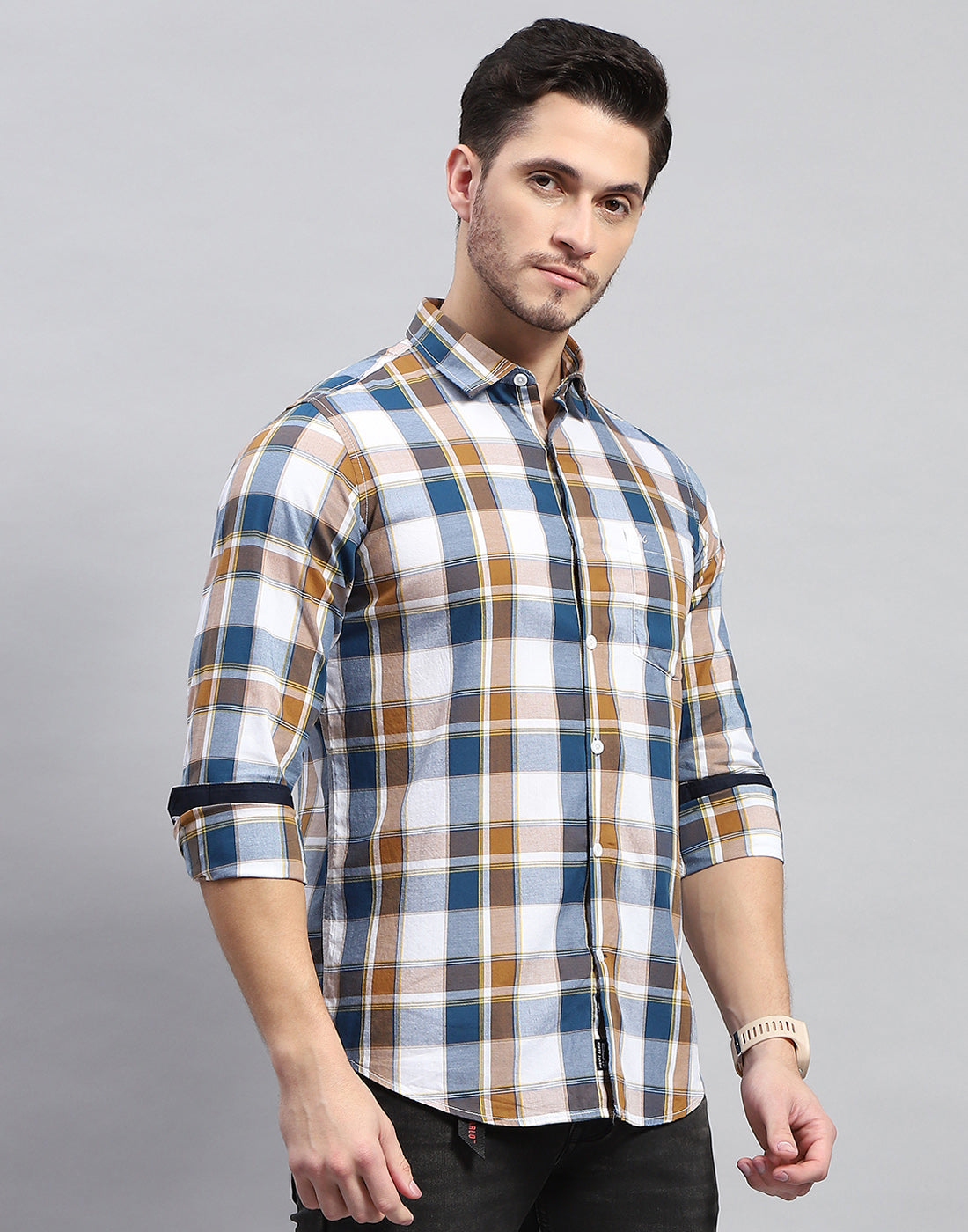 Men Blue Check Collar Full Sleeve Shirt