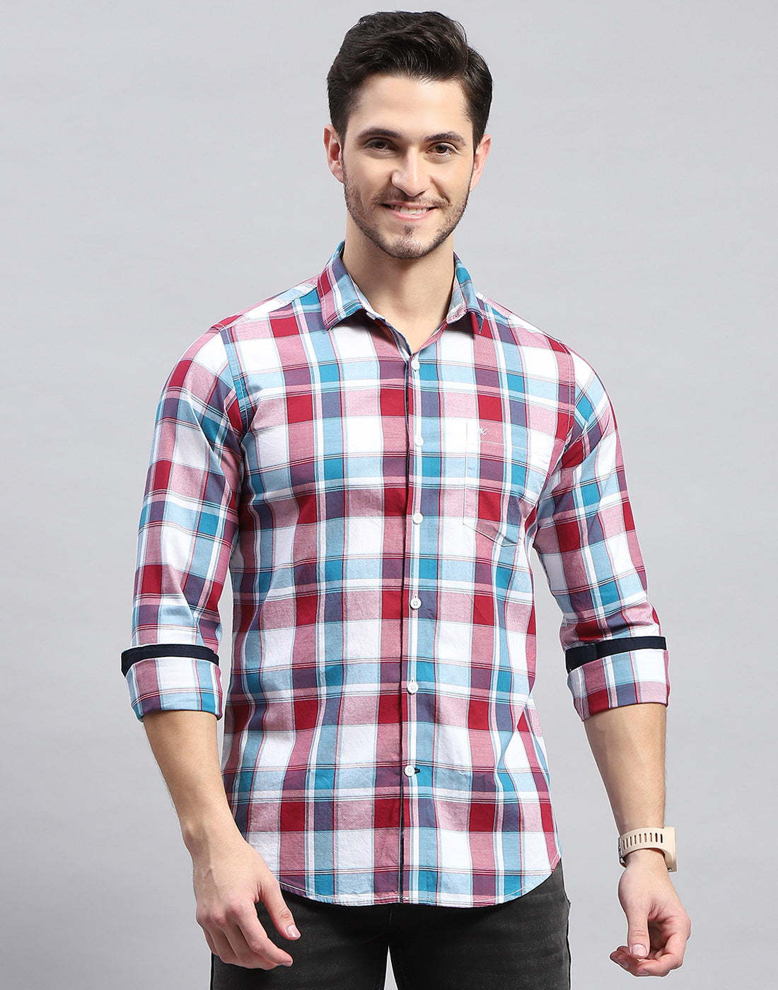Men Maroon Check Collar Full Sleeve Shirt