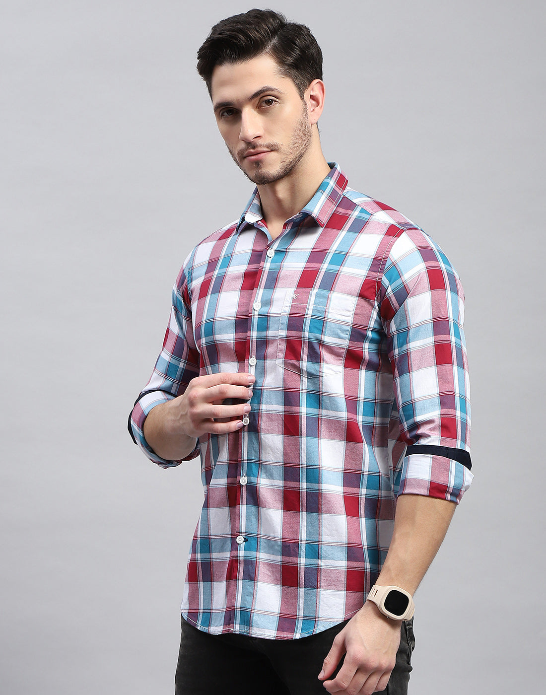 Men Maroon Check Collar Full Sleeve Shirt