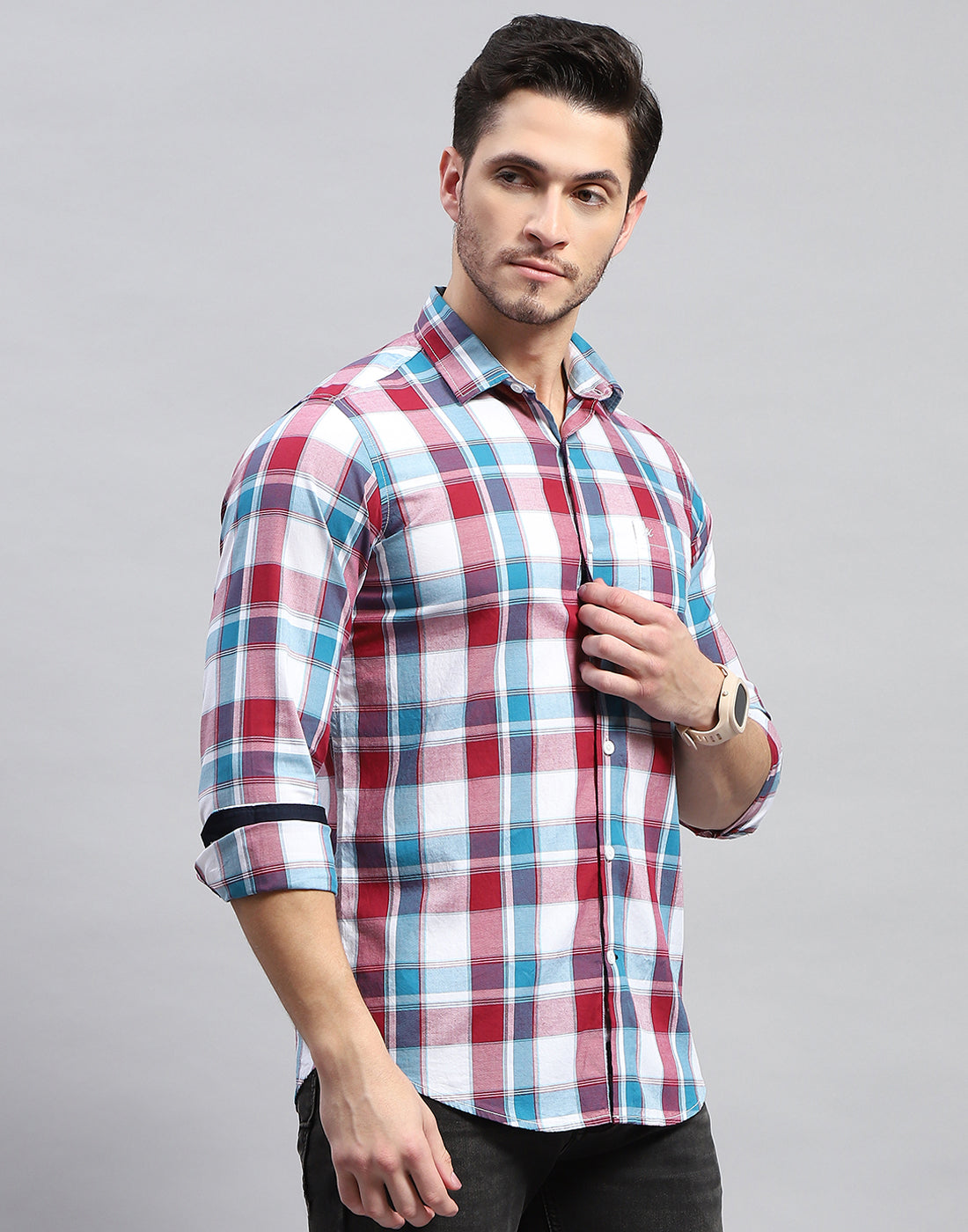 Men Maroon Check Collar Full Sleeve Shirt