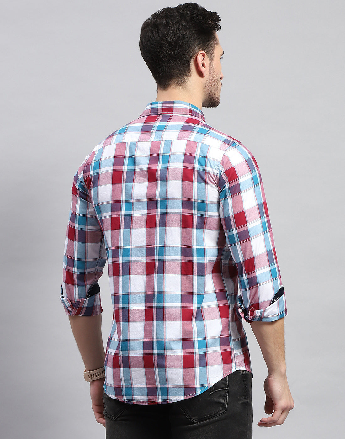 Men Maroon Check Collar Full Sleeve Shirt