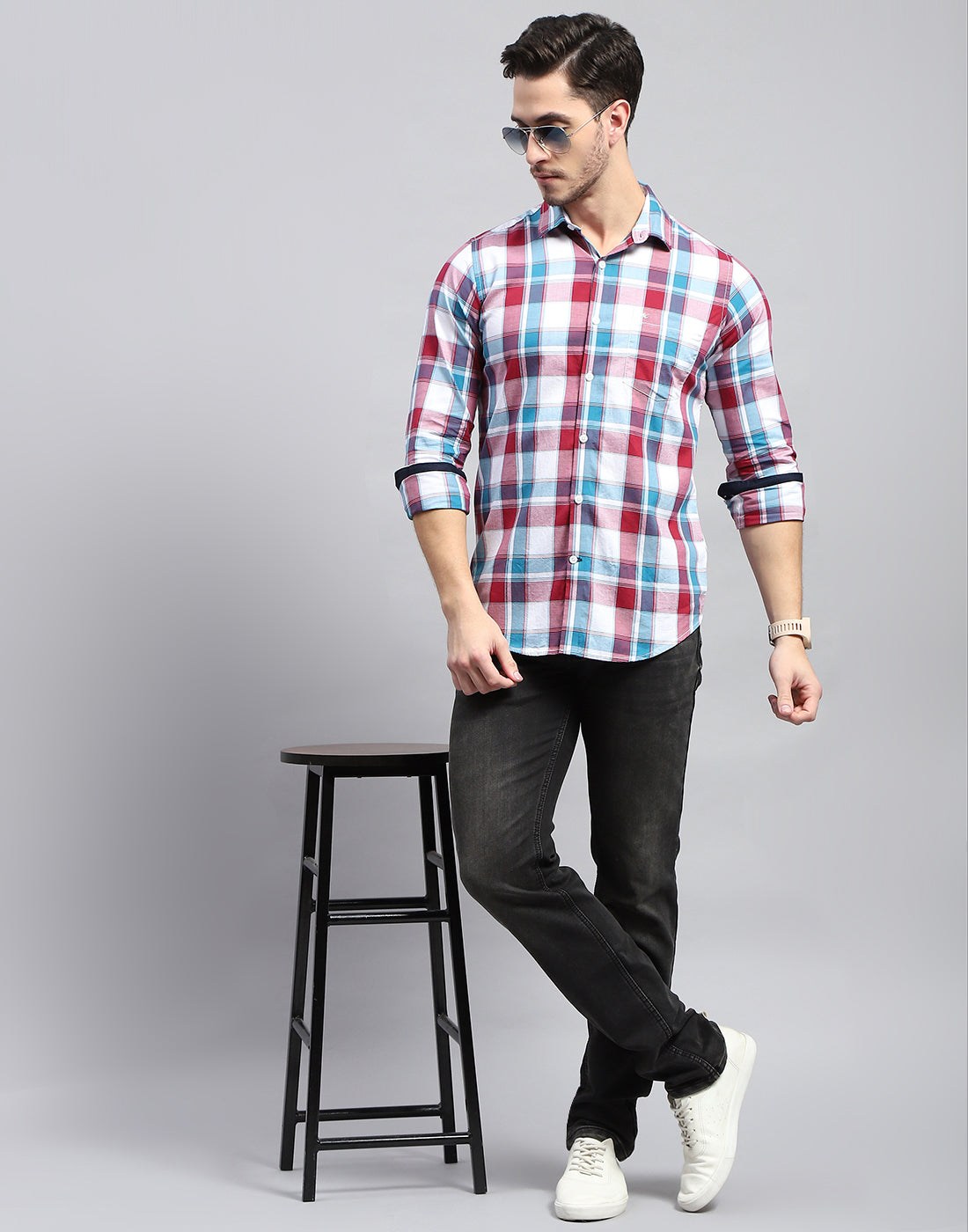 Men Maroon Check Collar Full Sleeve Shirt