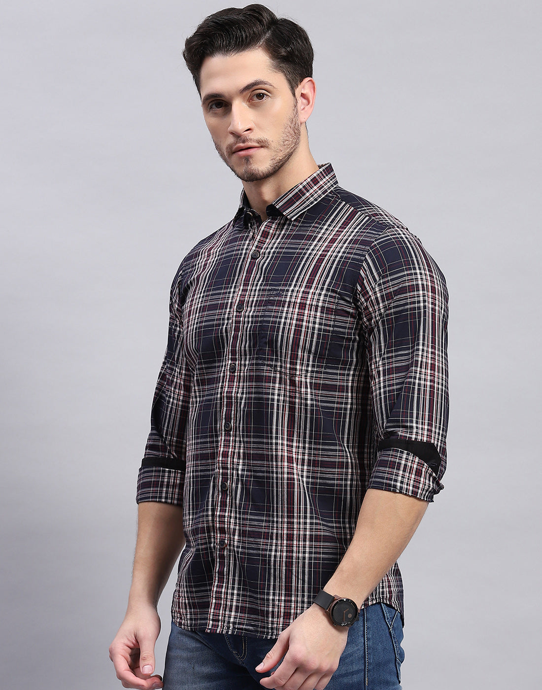 Men Navy Blue Check Collar Full Sleeve Shirt
