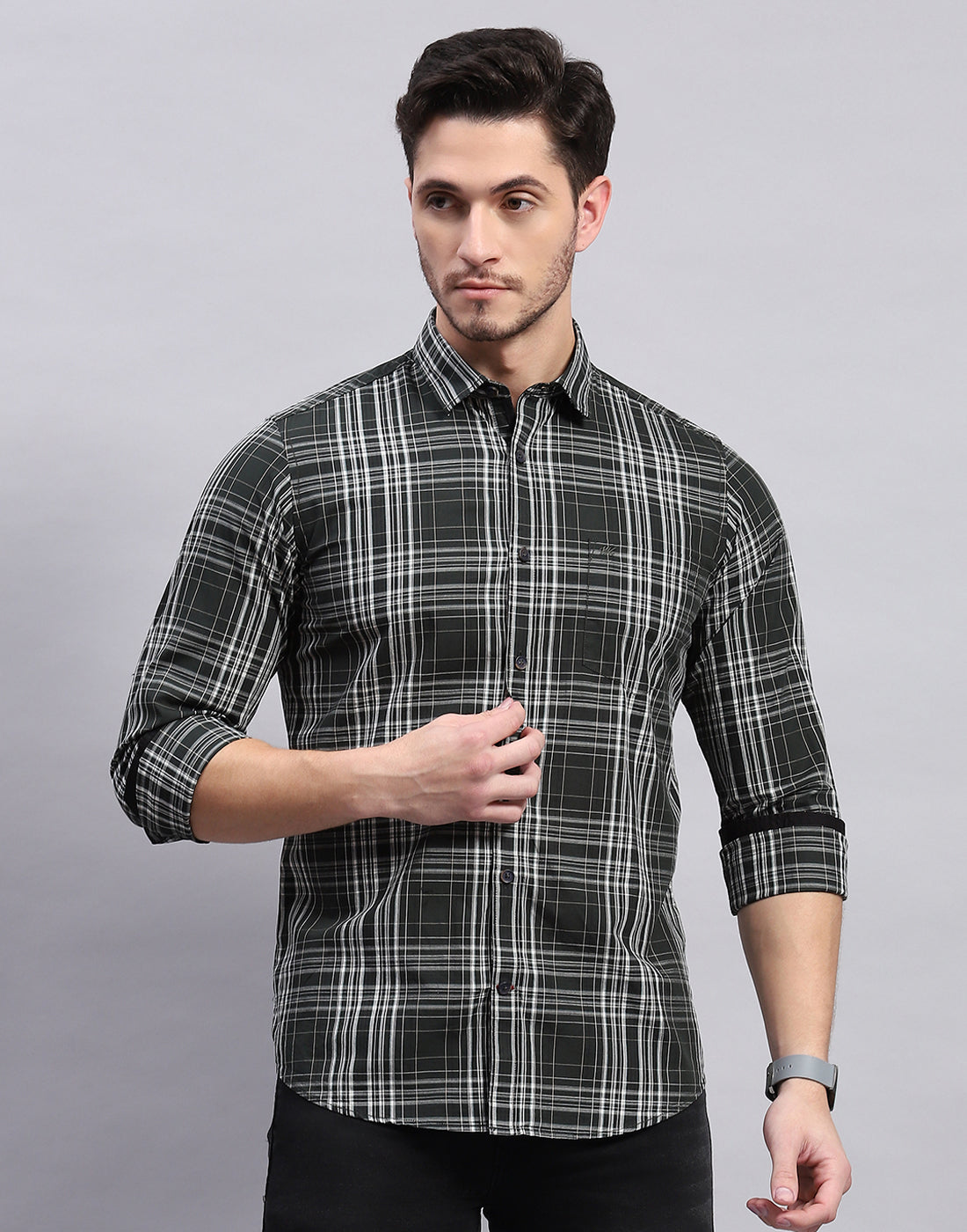 Men Olive Check Collar Full Sleeve Shirt