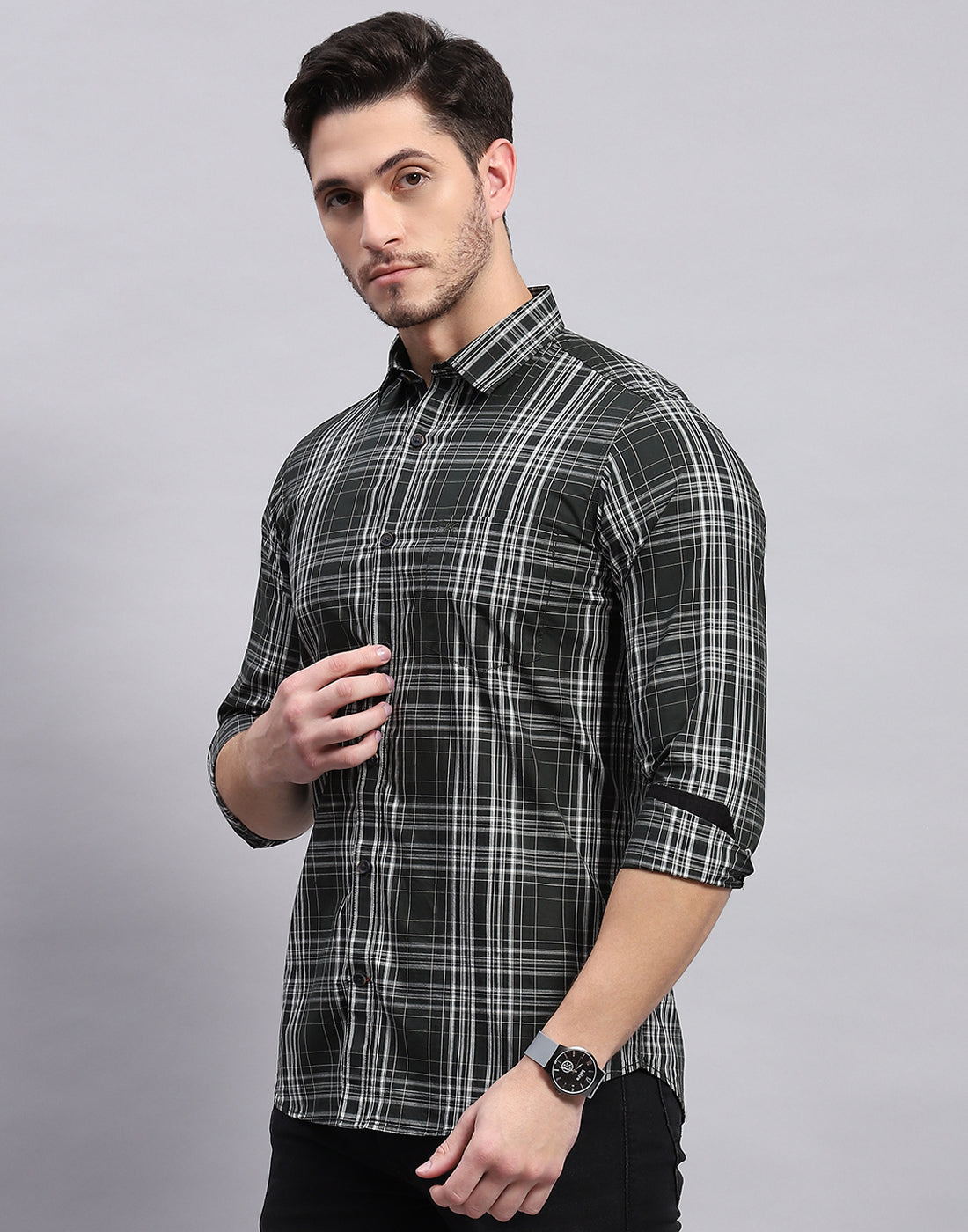 Men Olive Check Collar Full Sleeve Shirt