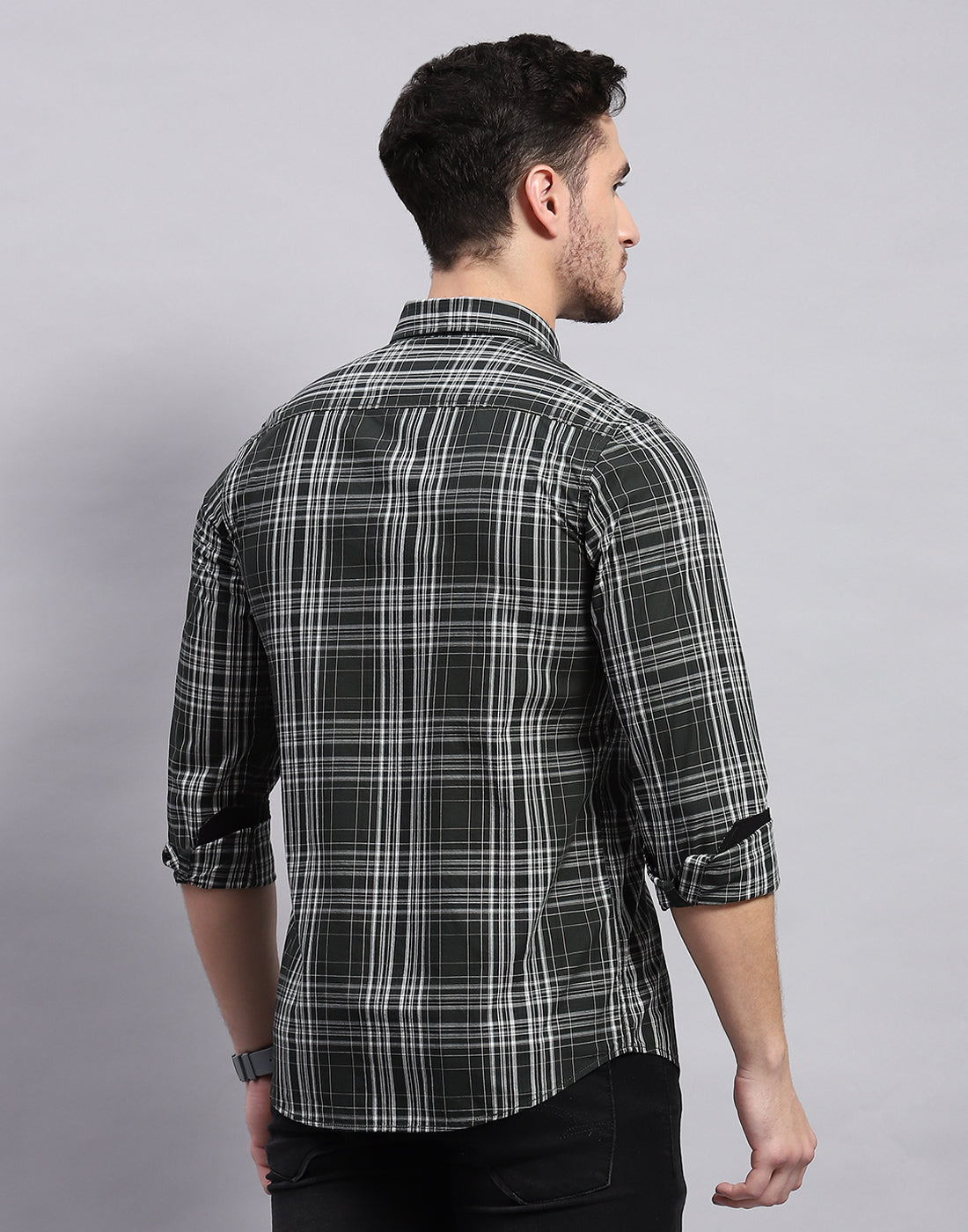 Men Olive Check Collar Full Sleeve Shirt