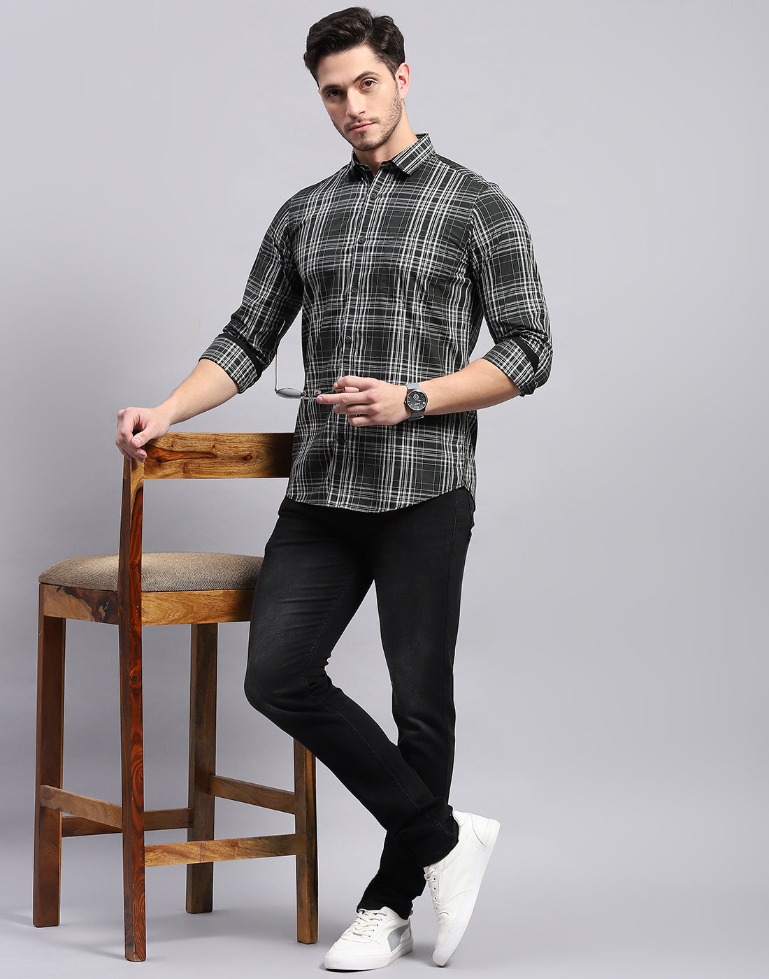 Men Olive Check Collar Full Sleeve Shirt