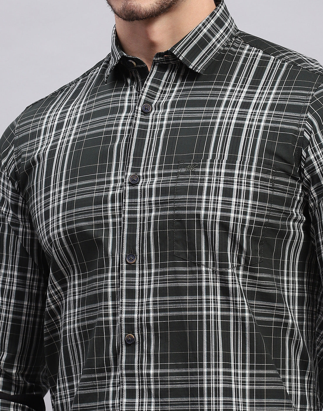 Men Olive Check Collar Full Sleeve Shirt