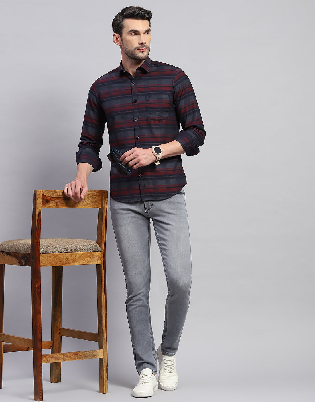 Men Maroon Check Collar Neck Full Sleeve Shirt