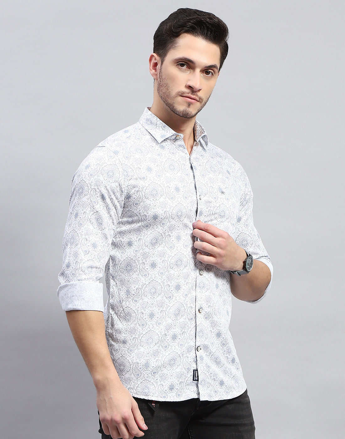 Men Off White Printed Collar Full Sleeve Shirt