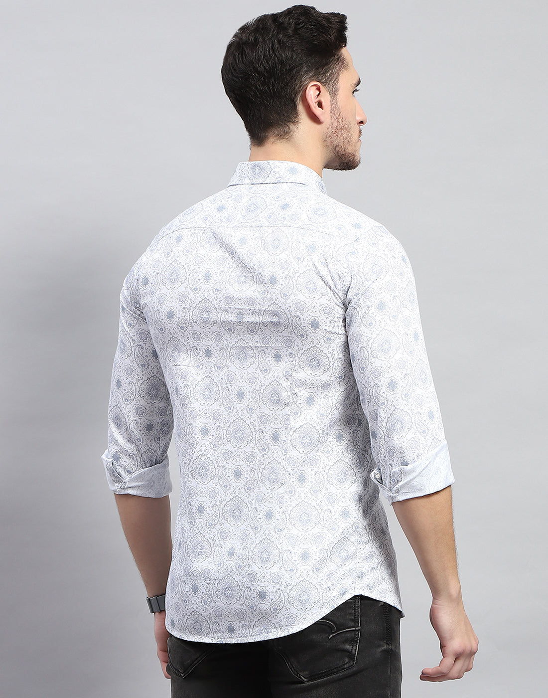 Men Off White Printed Collar Full Sleeve Shirt