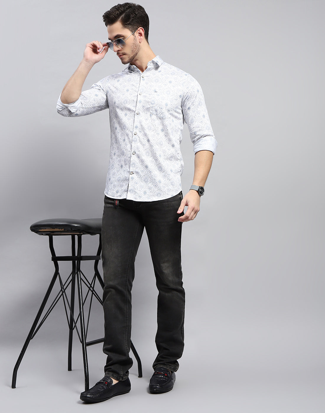 Men Off White Printed Collar Full Sleeve Shirt