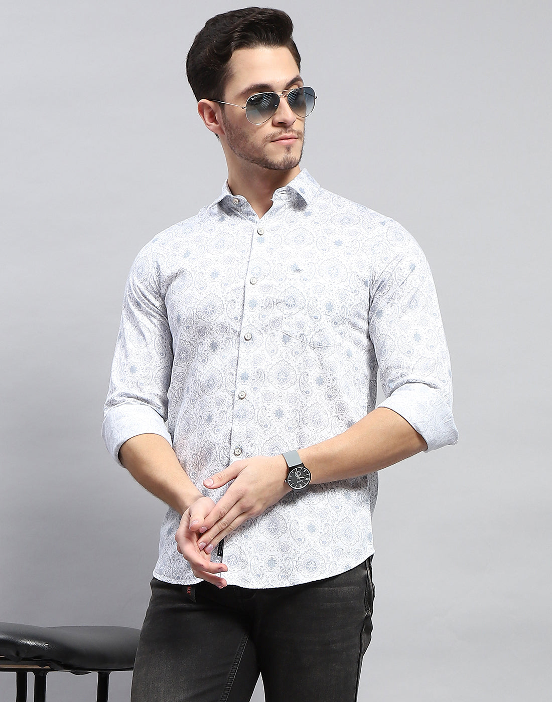 Men Off White Printed Collar Full Sleeve Shirt