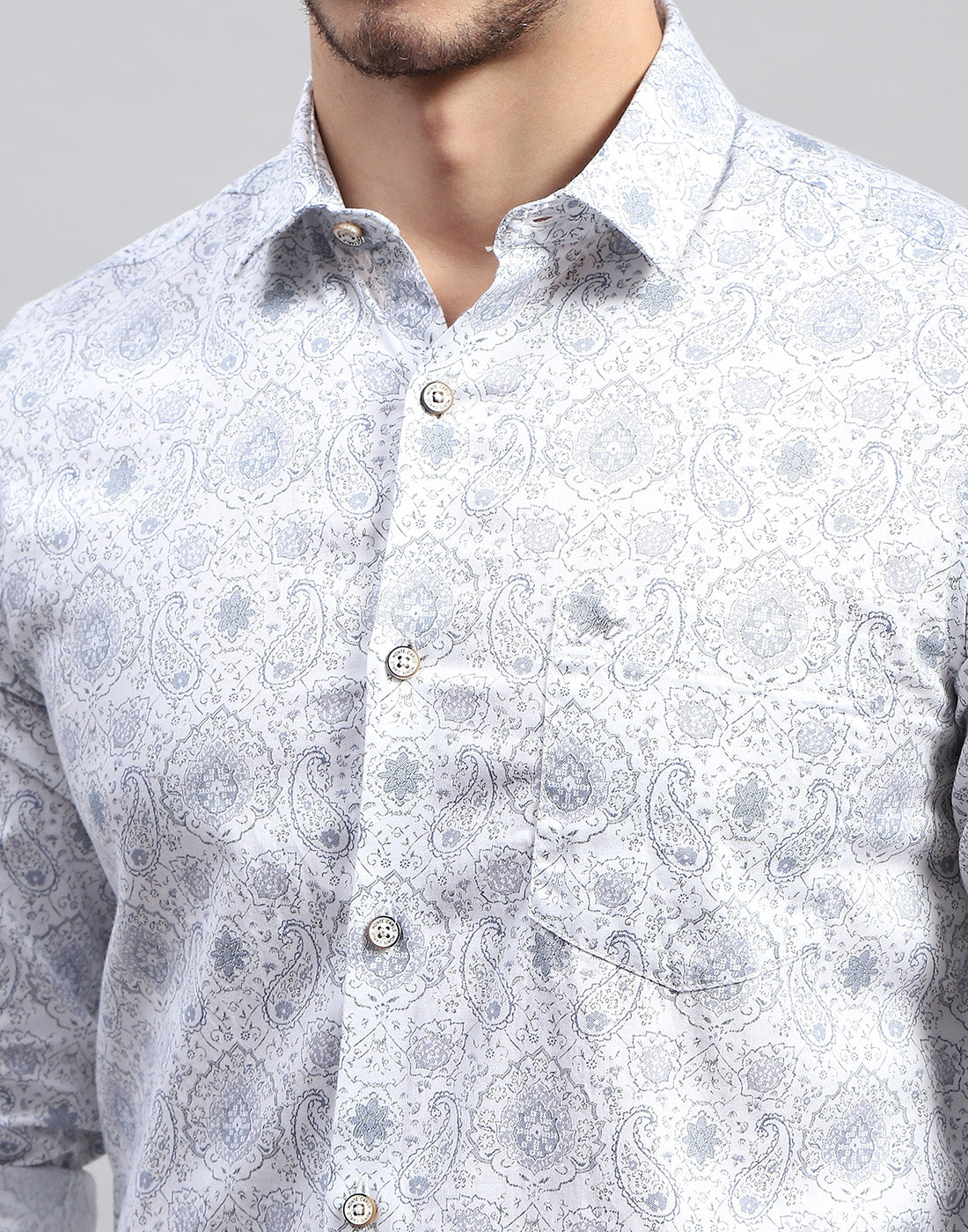 Men Off White Printed Collar Full Sleeve Shirt