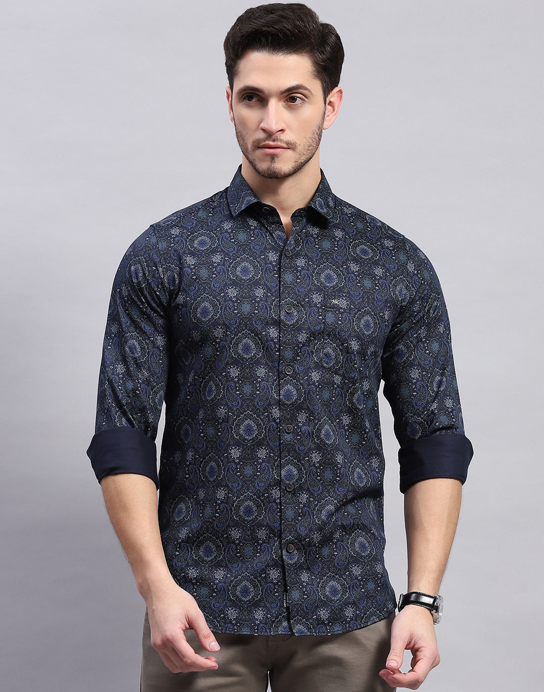 Men Navy Blue Printed Collar Full Sleeve Shirt