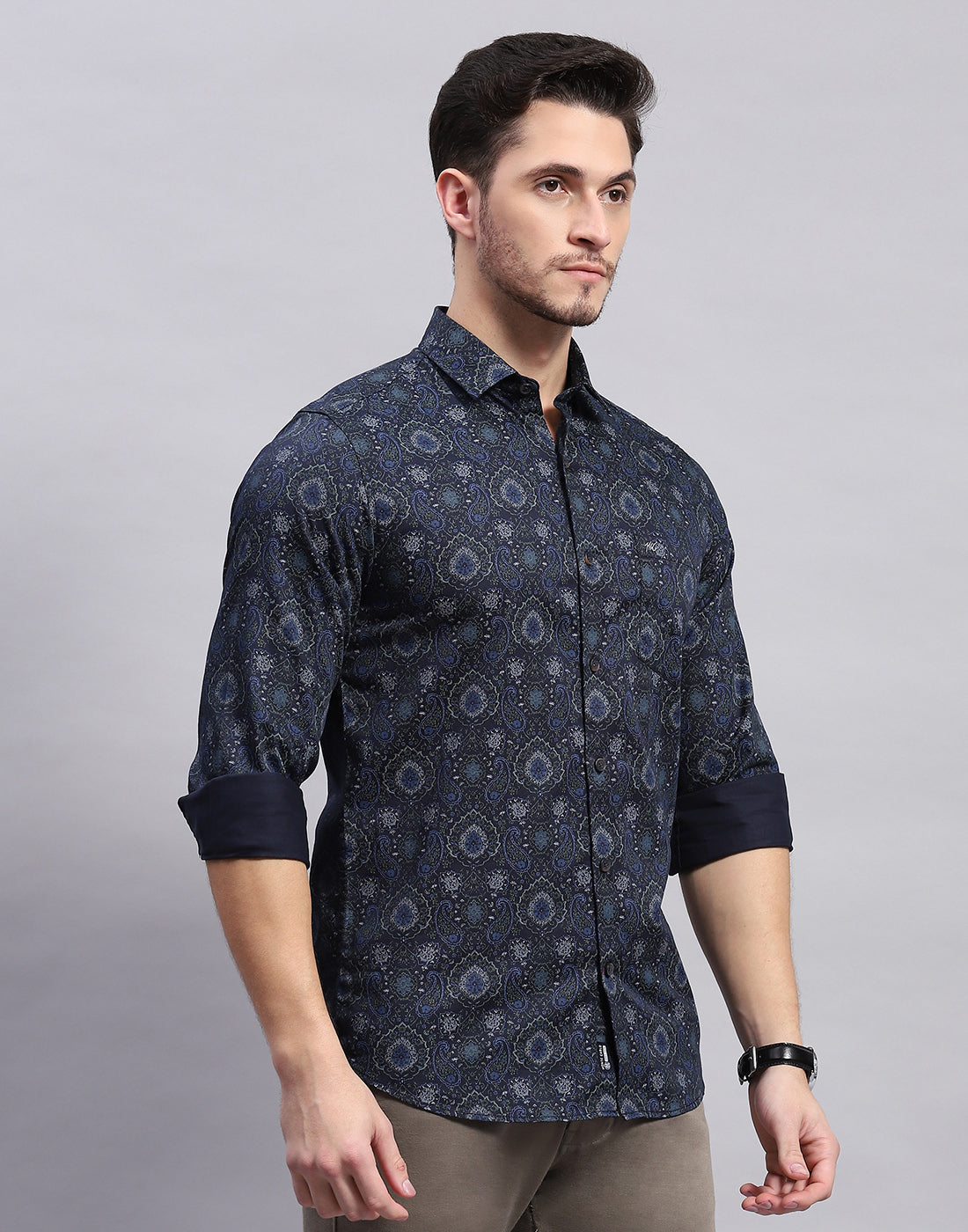 Men Navy Blue Printed Collar Full Sleeve Shirt
