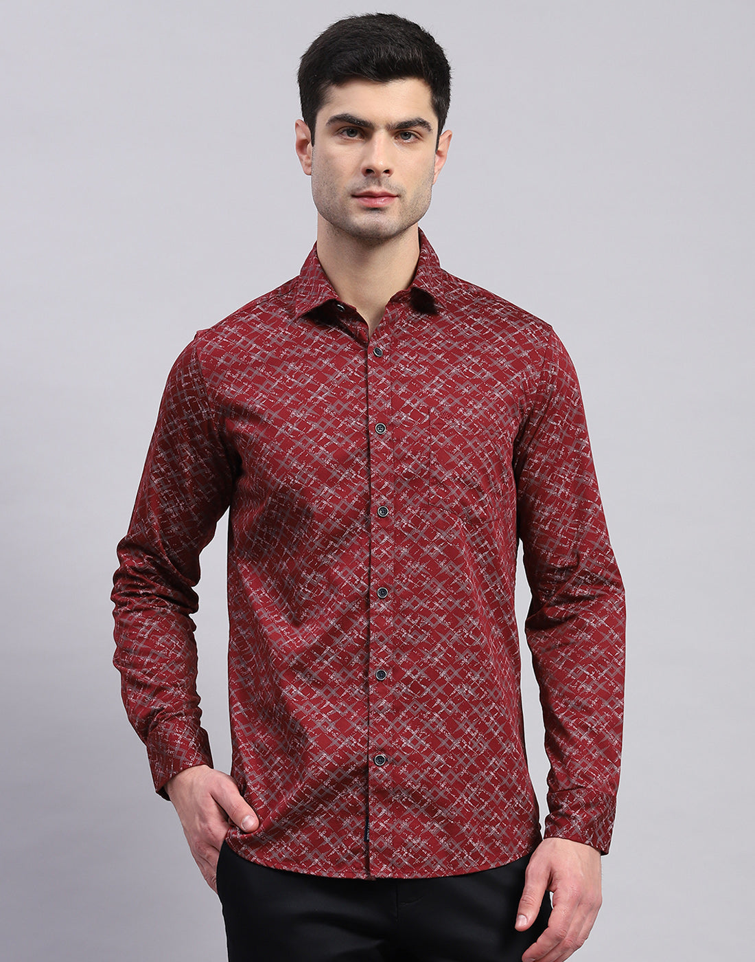 Men Maroon Printed Collar Full Sleeve Shirt