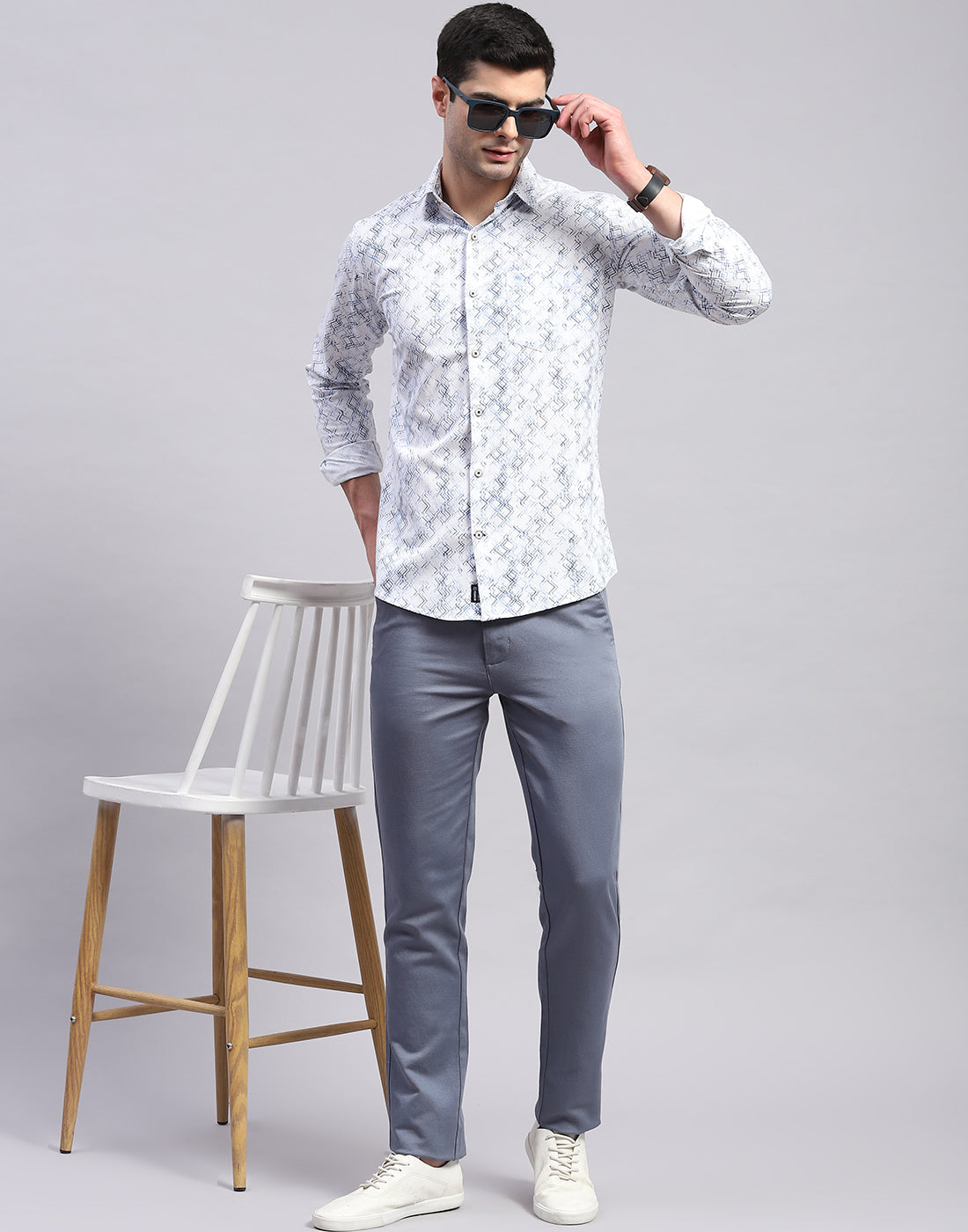 Men Blue Printed Collar Full Sleeve Shirt