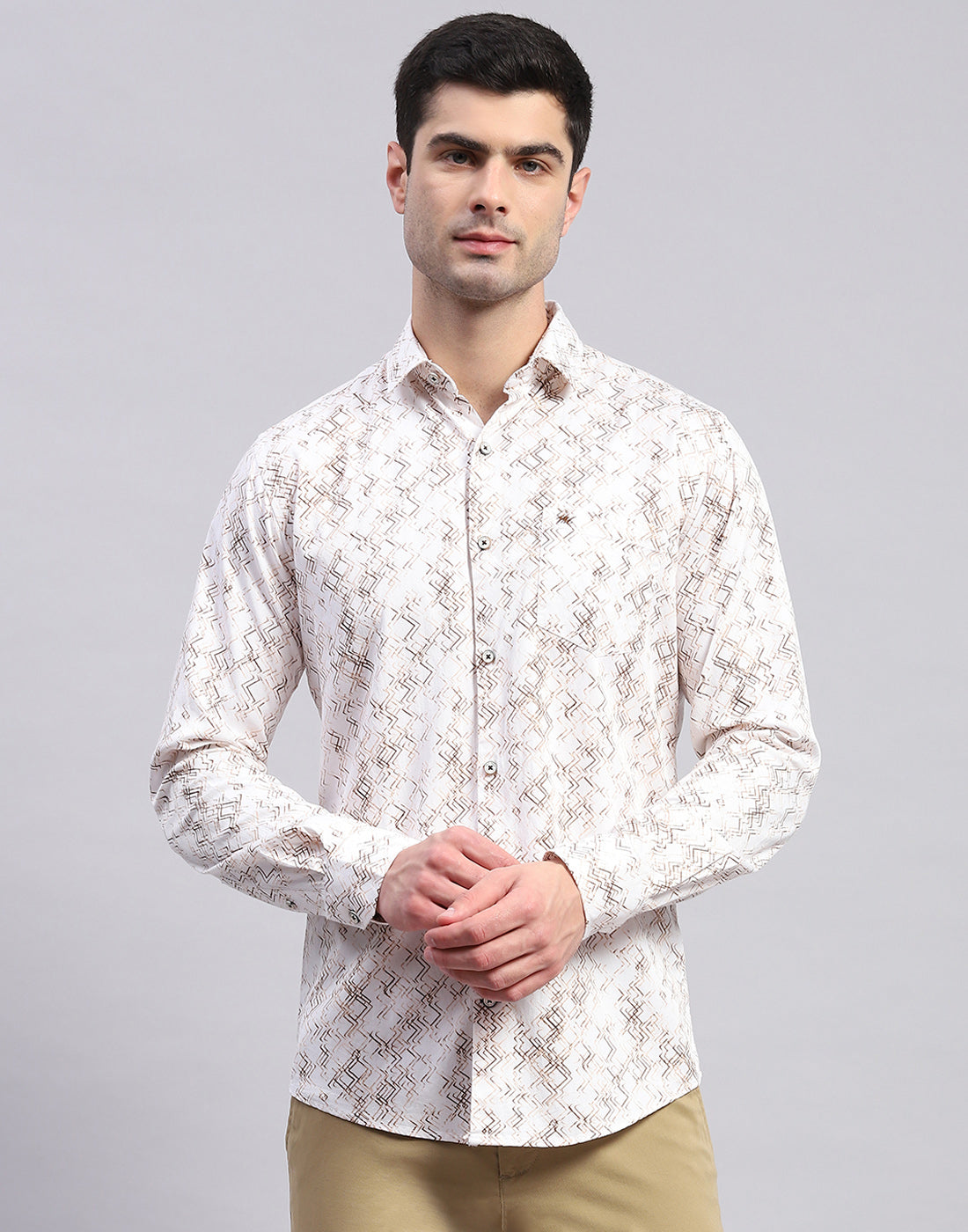Men Brown Printed Collar Full Sleeve Shirt