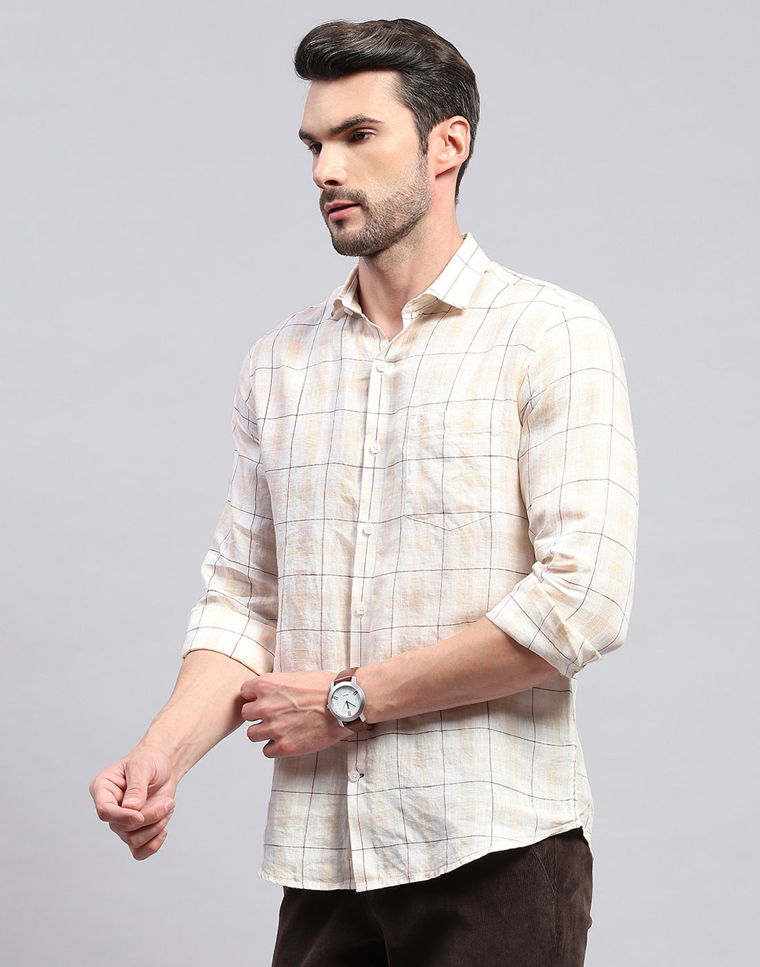 Men Beige Check Collar Neck Full Sleeve Linen Shirt