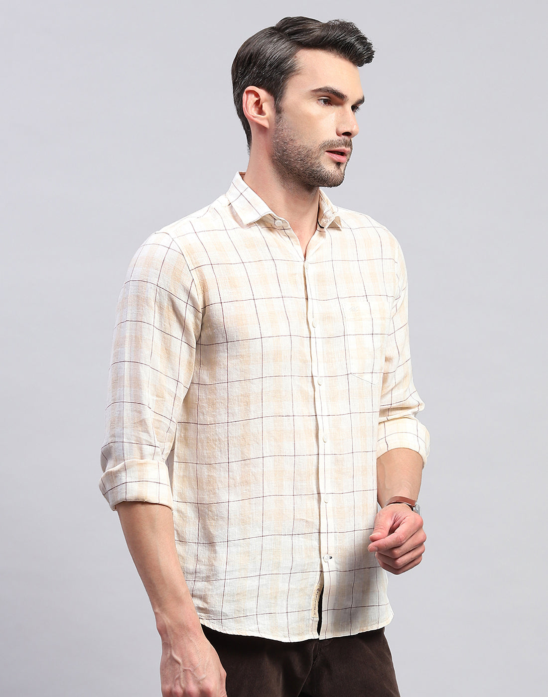 Men Beige Check Collar Neck Full Sleeve Linen Shirt