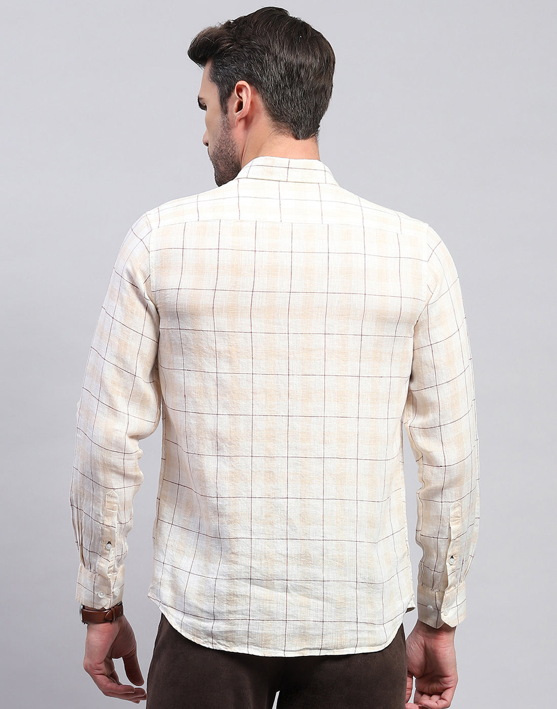 Men Beige Check Collar Neck Full Sleeve Linen Shirt