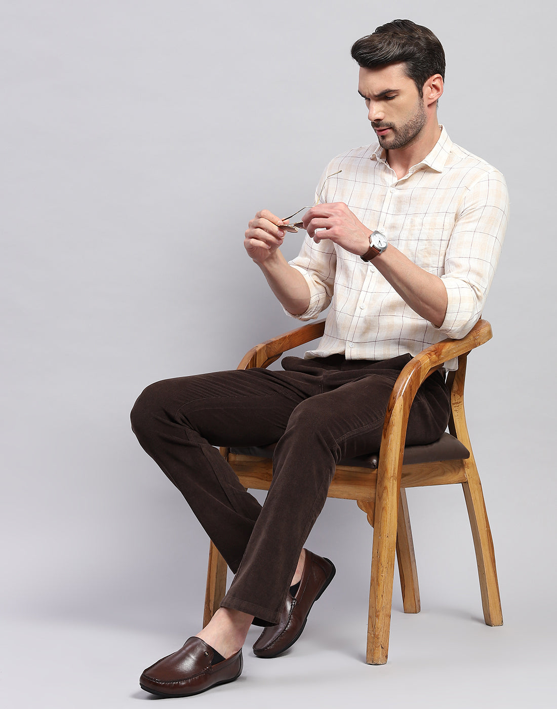 Men Beige Check Collar Neck Full Sleeve Linen Shirt