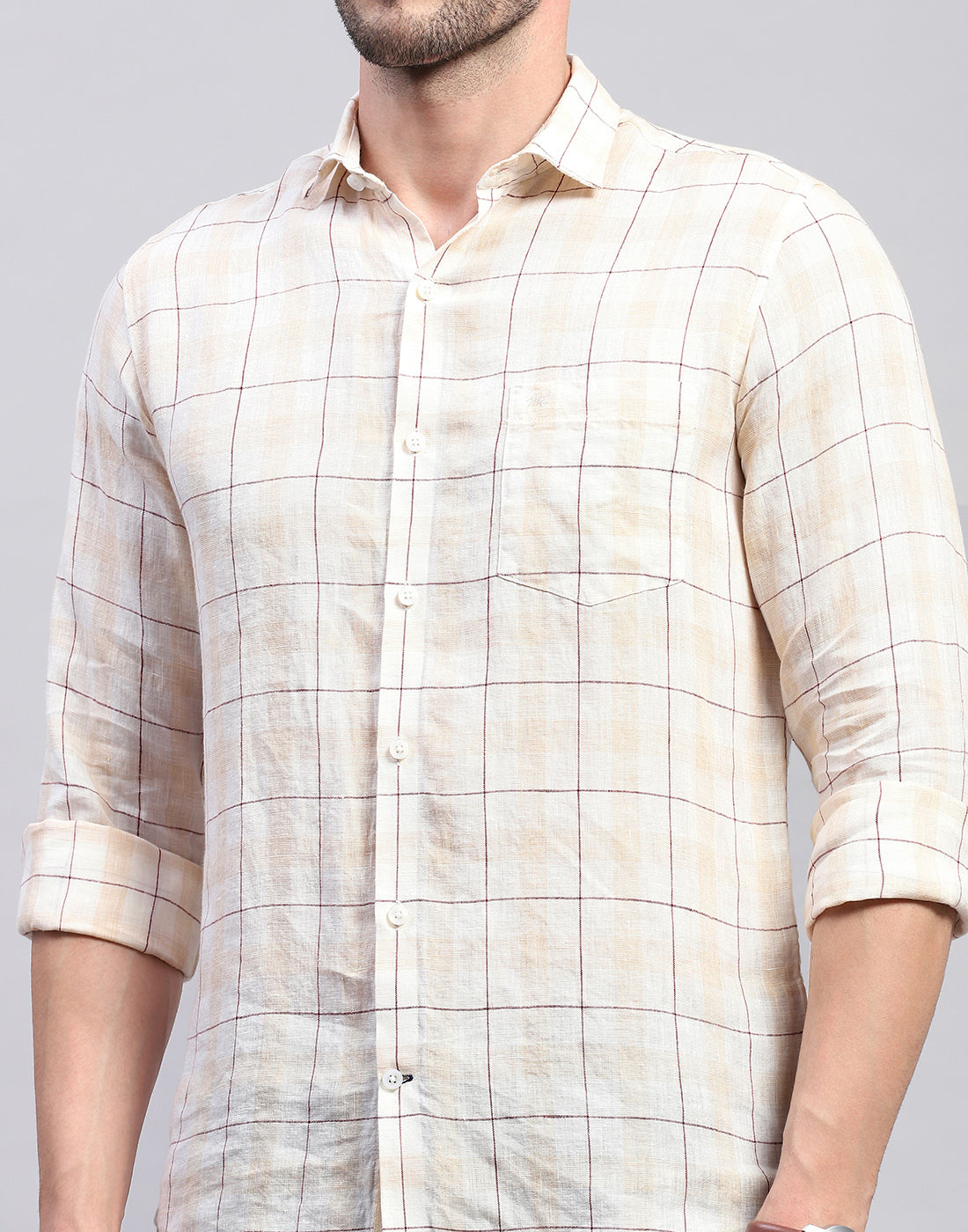 Men Beige Check Collar Neck Full Sleeve Linen Shirt