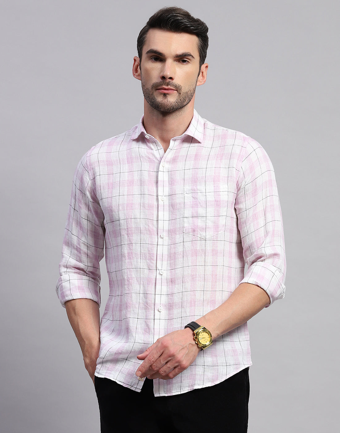 Men Purple Check Collar Neck Full Sleeve Linen Shirt