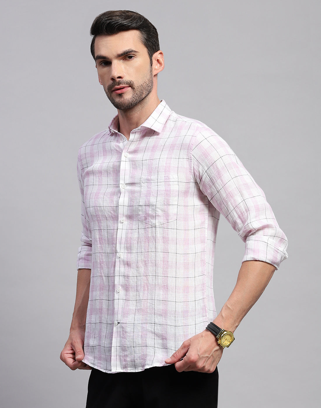 Men Purple Check Collar Neck Full Sleeve Linen Shirt
