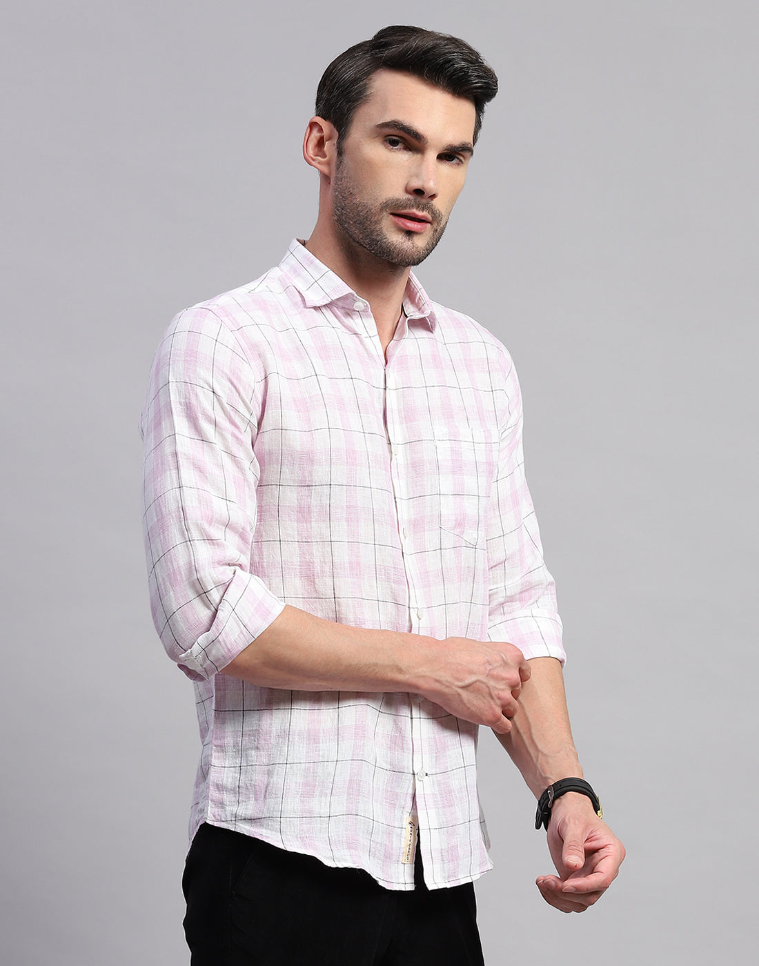 Men Purple Check Collar Neck Full Sleeve Linen Shirt
