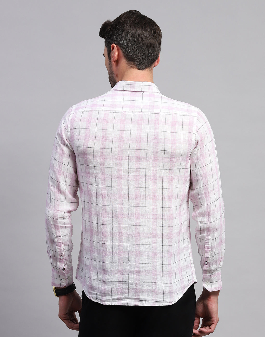 Men Purple Check Collar Neck Full Sleeve Linen Shirt
